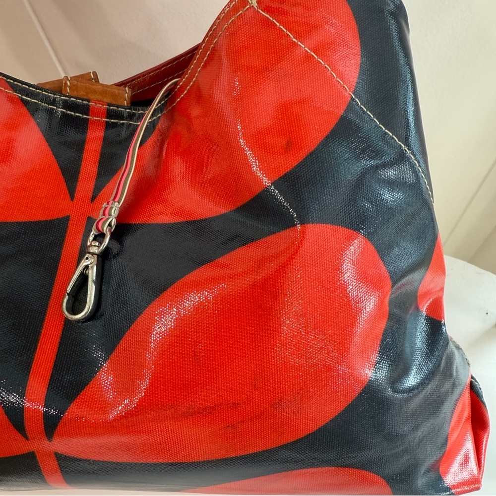 Vintage Orla Kiely Red Navy Blue Solid Stem Shoulder Bag Tote Floral Handbag - Picture 3 of 16